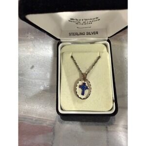 Sherwood Hand Crafted Crystal Scotland Sterling Silver Blue Cross Necklace Boxed